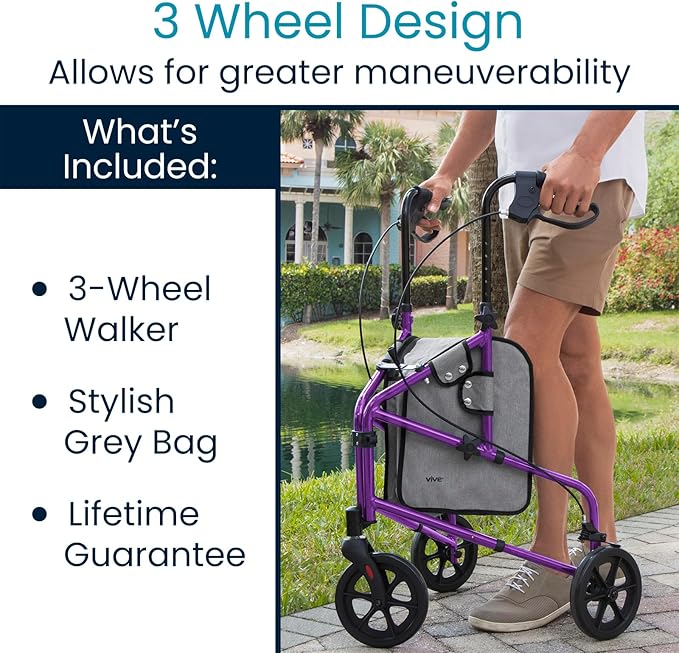 Vive Mobility 3 Wheel Walker - Three Wheeled Rollator for Seniors - Lightweight, Foldable, Narrow, Heavy Duty - for Elderly Men Women - Folding 3-Wheel Tri Scooter with Basket Bag