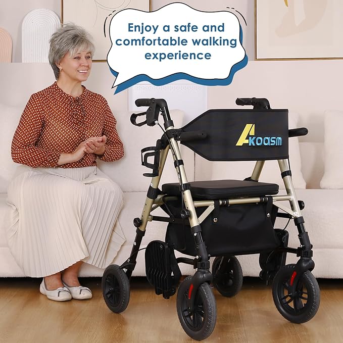 Foldable Rollator Walker for Seniors with Seat, Lightweight 2 In 1 Rolling Walkers Wheelchair Combo for Adult, Transport Chair with Brakes, Adjustable Seat & Handle, 300 Lb. Weight Capacity, Champagne