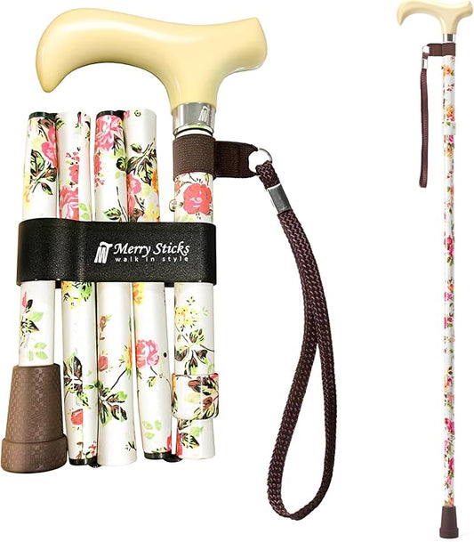 Merry Sticks Lightweight Foldable Walking Canes for Women and Men, Adjustable & Collapsible Walking Stick for Seniors, Balancing Mobility Aids, Ergonomic Handle & Wrist Strap - Cream Flowers
