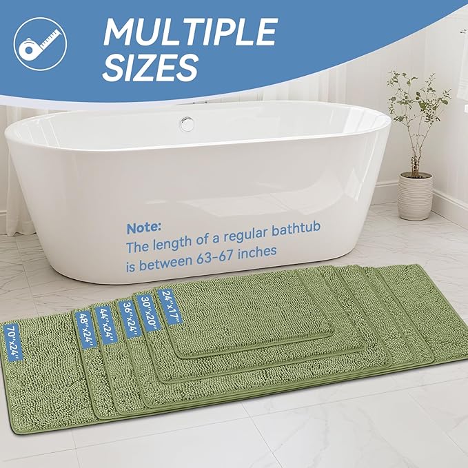 Bcoimo 44"×24" Absorbent Bath Mat, Non-Slip with Backing Chenille Bath Rug and Machine Washable Bathroom Mat Quick-Dry Design. Ideal for Bathroom and Tub Areas