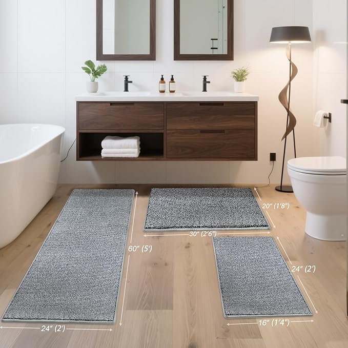 HDFK Bath Mat Runner Rug Non Slip 60x24 Inches Bathroom Rugs 2 Tone Chenille Medium Pile TPR Backing | Absorbency Solid Black White | Long Tub Side Mats for Wet Dry Transition Zone Modern Decor