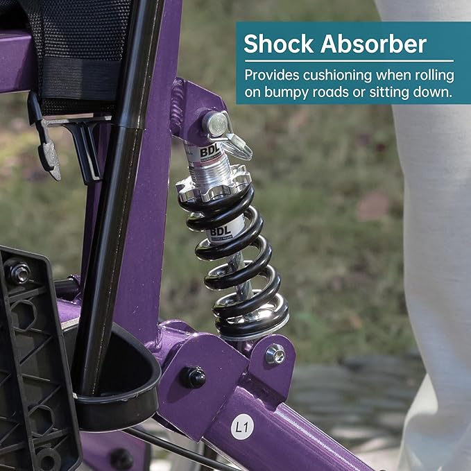 ELENKER 2 in 1 Rollator Walker & Transport Chair for Seniors, Folding Rolling Walker Wheelchair Combo with Wide Seat and Shock Absorber, Purple