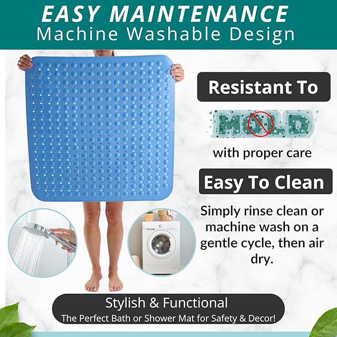 ENKOSI Extra Large Square Non Slip Shower Mat - 31 x 31-inch XL Bathroom Shower Mat - Square Shower Matts for Shower Stall Floors | Secure Suction Cups and Drain Holes (31x31 Aqua Blue)