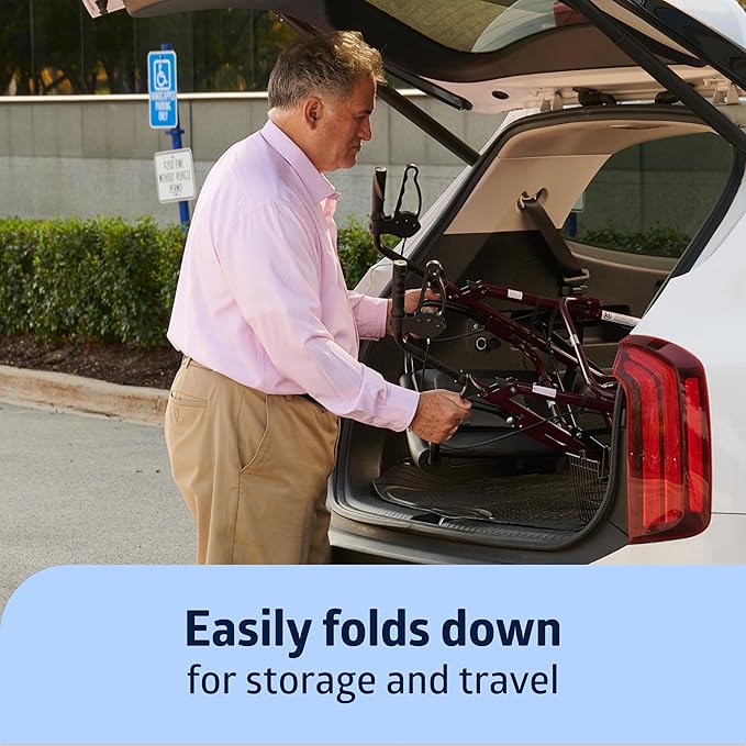 Medline Large Steel Bariatric Rollator Walker with Adjustable Handles, Padded Seat & Backrest, Burgundy, 500 lb. Weight Capacity, Foldable, Under Seat Storage, 8" Wheels, For Seniors & Adults