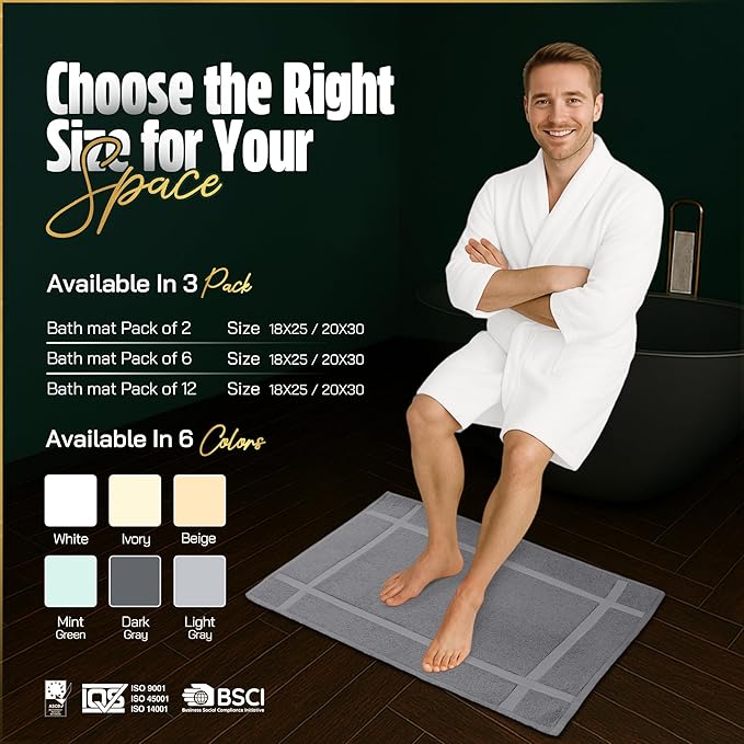 Pearl Linens Pack of 12 Washable Cotton Bath Mat 20x30 - Soft & Absorbent Quick Dry Bathroom Mat Set, Not Bathroom Rugs After Shower Mat, Terry Bath Tub Mat, 687 GSM Light Grey