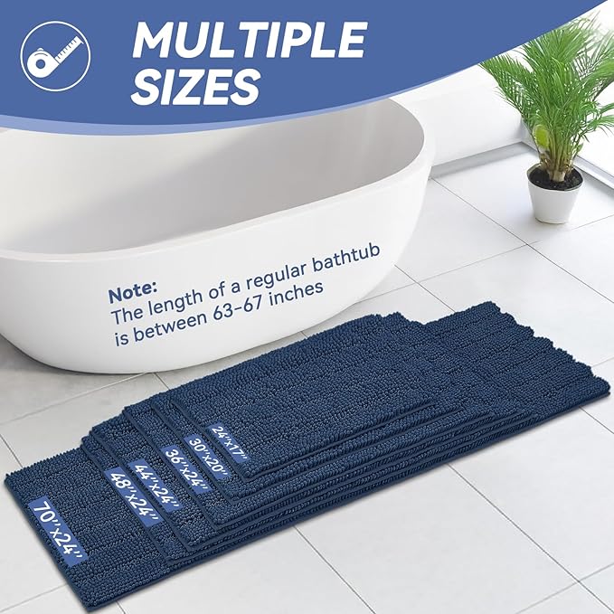 Bcoimo 70"×24" Chenille Bath Mat – Non-Slip with Backing Bath Rug Ultra-Absorbent and Machine Washable Bathroom Mat Quick-Dry Design. Ideal for Bathroom and Tub Areas