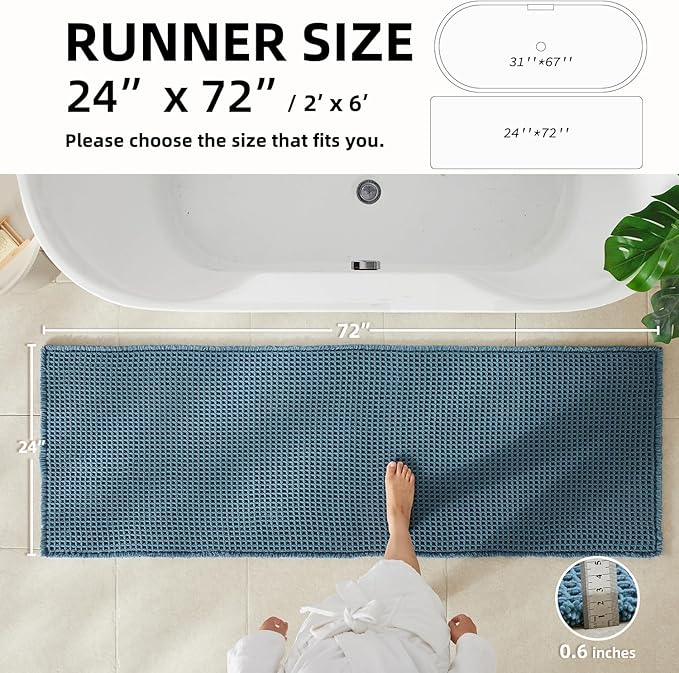 Waffle Runner Rug Bathroom, Long Boho Bathroom Rugs Non Slip Washable Super Absorbent Quick Dry Farmhouse Bath Decor, 72"x24" Denim Blue