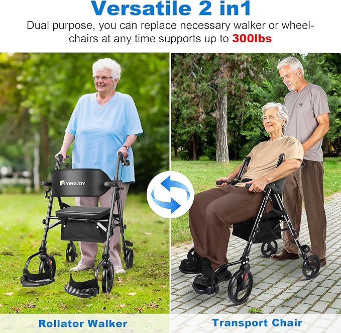 Foldable Rollator Walker with Seat for Seniors & Adults Lightweight 2-in-1 Walker and Wheelchair Combo Adjustable Handle Height and Seat Transport Chair with Brakes 300 lbs Weight Capacity