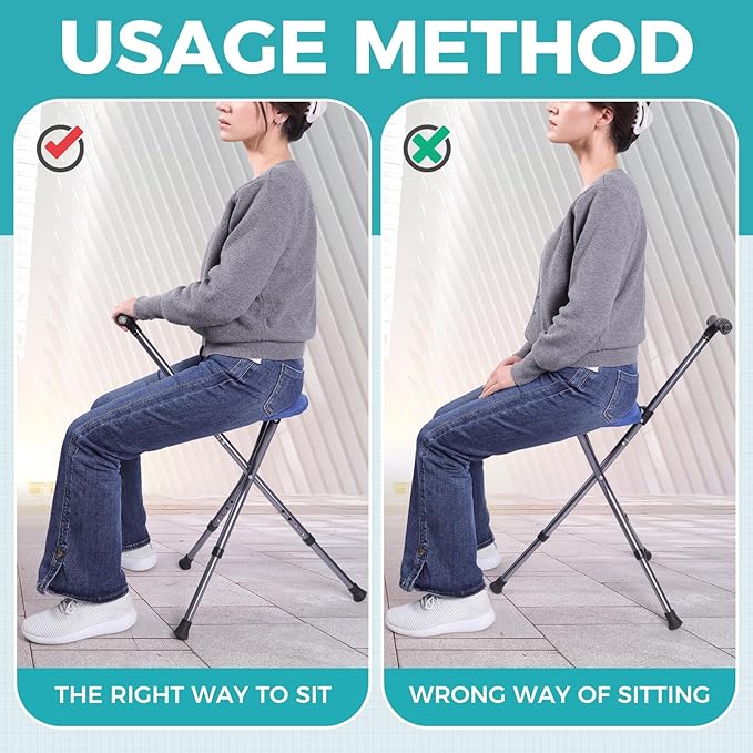 Portable Adjustable Folding Walking Cane with Seat and Cushion，Cane seat for Seniors with Magnetic Massage Handle, Lightweight Walking Cane with LED Light，Supports up to 330 Pounds