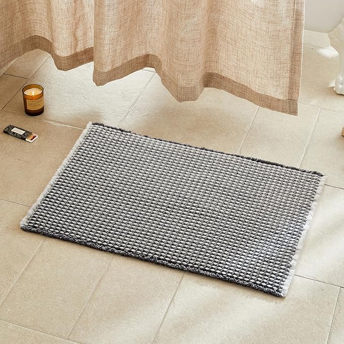 Waffle Bath Mat, Boho Bathroom Rugs Non Slip Washable Super Absorbent Quick Dry Bath Mat Farmhouse Bathroom Decor, 30"x20" Grey and White