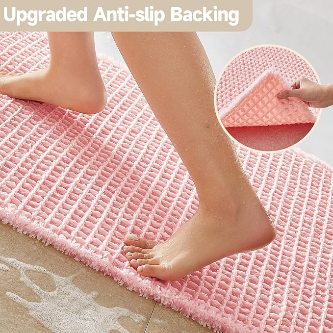 Light Peachy Pink Long Bathroom Rugs, Waffle Runner Rug Bathroom Non Slip Washable Quick Dry Cute Bath Mat Boho Farmhouse Bath Mat, 60"x24" Light Peachy Pink