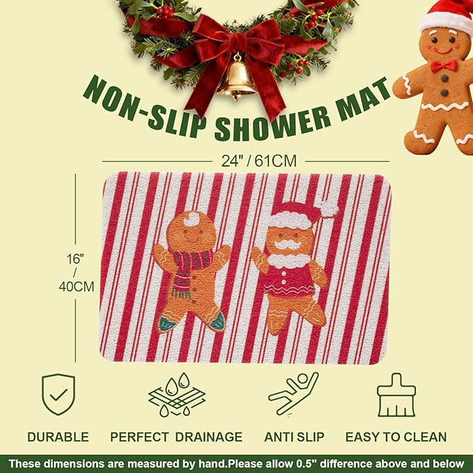 Christmas Non-Slip Bathtub Mat, Anti Slip Shower Mat, Fast Drying Bathtub Mats, Foot Scrubber Mat, Anti Slip Mat for Tub, Floor, Bathroom, Kitchen, Home, Hotel (Gingerbread Santa, 24"x16")