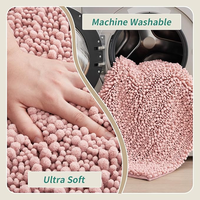 Small Bathroom Rug Non Slip Washable Pink Bath Mat 20x32 Super Absorbent Soft Bathroom Floor Mat Chenille Bath Rug for Shower Tub