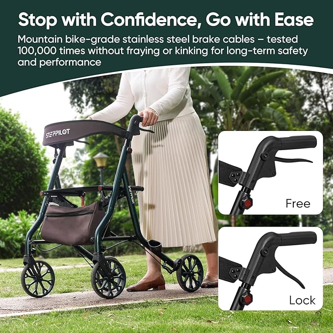 Titan Foldable Rollator Walkers with Seat, 7-Level Adjustable Handles Height, Reliable Parking & Braking System, Easy to Assemble and Use with Cane Holder & Storage Bag, 8" Big Wheels