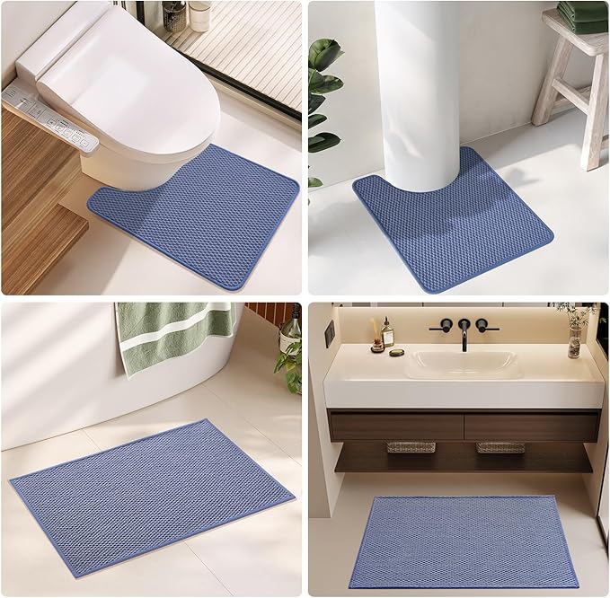 Toilet Rug, Thin Toilet Rugs U Shaped Washable Non Slip Absorbent Quick Dry Low Pile Toilet Mat, Denim Blue 20"x24" U Shape