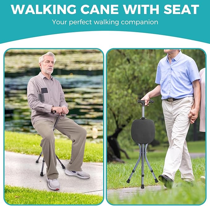 Portable Adjustable Folding Walking Cane with Seat ，Cane seat for Seniors with Magnetic Massage Handle, Supports up to 330 Pounds
