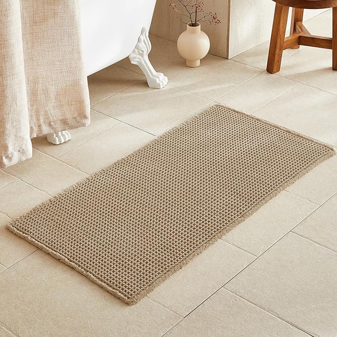 Waffle Bath Mat, Boho Bathroom Rugs Non Slip Washable Super Absorbent Quick Dry Farmhouse Bathroom Decor, 48"x24" / 4'x2' Khaki