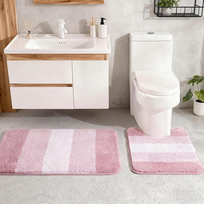 Exclusivo Mezcla Toilet Rugs U-Shaped 20x24, Extra Soft Non Slip Absorbent Water Microfiber Bath Rugs, Machine Washable Quick Dry Bath Mats for Toilet, Gradient Pink