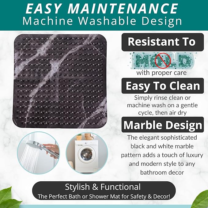 ENKOSI Extra Large Square Non Slip Shower Mat - 31 x 31-inch XL Bathroom Shower Mat - Square Shower Matts for Shower Stall Floors | Secure Suction Cups and Drain Holes (31x31 Marble Black)