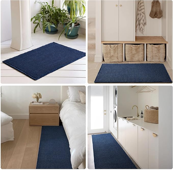 Waffle Bath Mat, Boho Bathroom Rugs Non Slip Washable Super Absorbent Quick Dry Bath Mat Farmhouse Bathroom Decor, 36"x24" Navy Blue