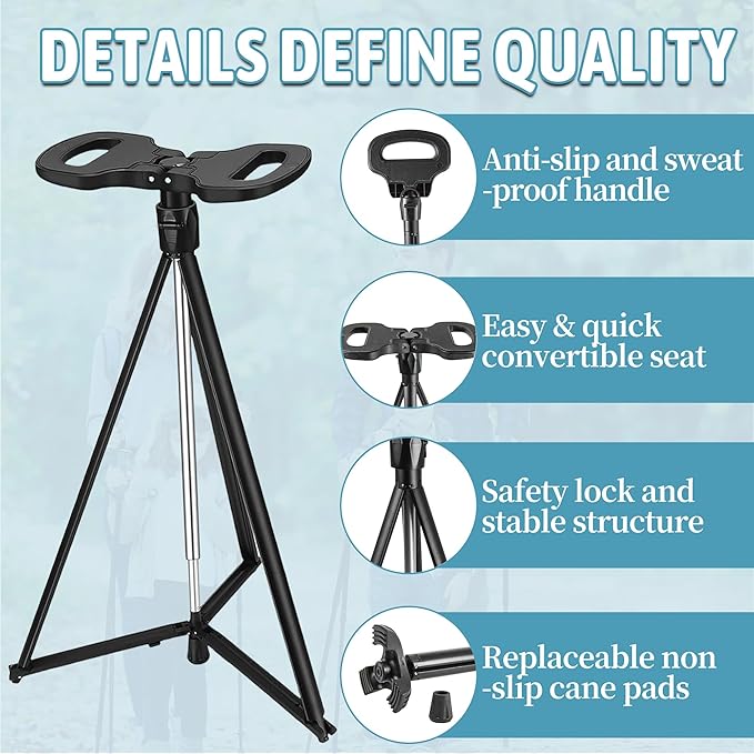 ALEVMOOM Walking Cane with Seat Folding Lightweight, 2-in-1 Cane Stool for Adults, Aluminum Walking Stick with Seat, Portable Stool for Senior, with Carry Bag