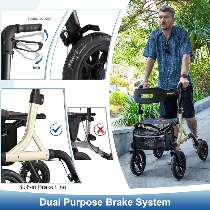 Walkers for Seniors, Rollator Walker with Seat, 12" Big Rubber Wheels All Terrain Rollator Walker with Backrest, Built-in Cable, Cup Holder, Foldable and Height Adjustment for Seniors, Gold