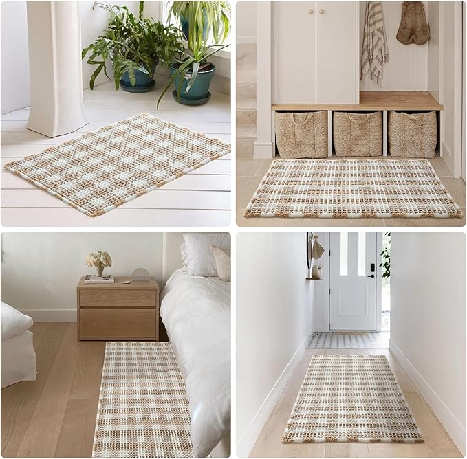 Waffle Bath Mat, Boho Bathroom Rugs Non Slip Washable Absorbent Checkered Bathroom Mat Quick Dry Farmhouse Bathroom Decor, 24"x16" Khaki and White