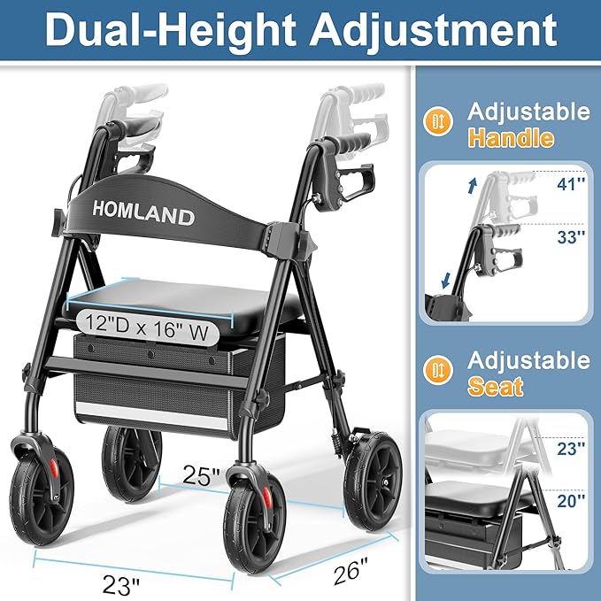 HOMLAND Rollator Walkers for Seniors with Seat, 8" All Terrain Wheels, Durable Aluminum Frame, Lightweight Foldable Walker with Ergonomic Seat, Height Adjustable Rolling Walker