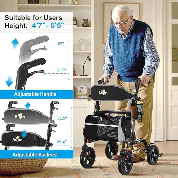 Walkers for Seniors, Rollator Walker with Seat, 350 lb Weight Capacity, 18" Big Seat, 8" All-Terrain Wheels, 6-Level Adjustable Height, Lightweight Aluminum Frame Rollator Walkers for Seniors (Gray)