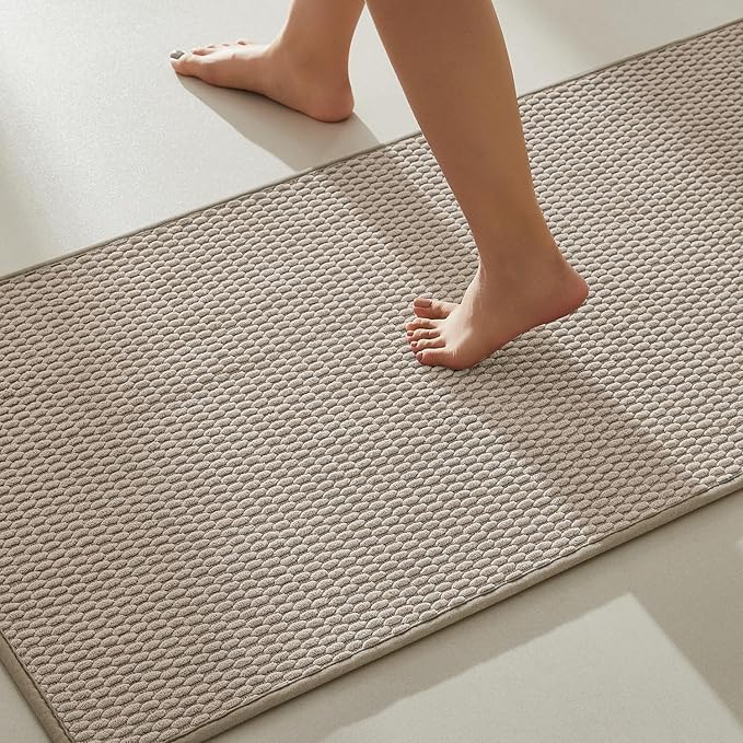 Bathroom Rugs Non Slip Washable, Super Absorbent Thin Bath Mat Quick Dry Low Pile Bathroom Rug, Beige 20"x48"