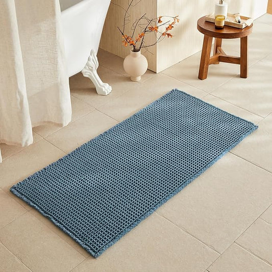 Waffle Bath Mat, Boho Bathroom Rugs Non Slip Washable Super Absorbent Quick Dry Bath Mat Farmhouse Bathroom Decor, 48"x24" Denim Blue
