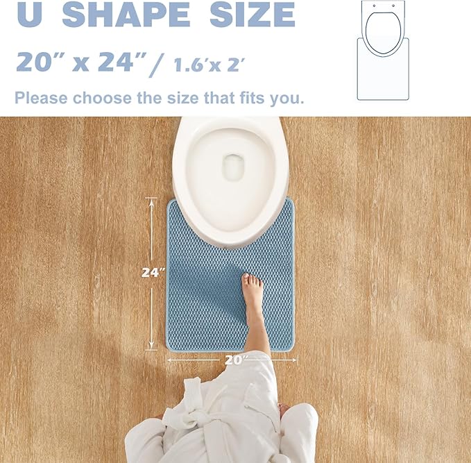 Non Slip Washable Bath Mat, Low Pile Chenille Bathroom Rug, Super Absorbent, Quick Dry, Denim Blue, 20"x24" U Shape