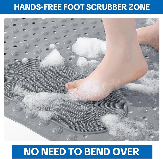 MABOZOO Non Slip Shower Mat, 48 * 31.5 Inch Extra Large Bathtub Mat with with Foot Scrubber, Bathmat with Antislip Suction Cups and Drain Holes for Bathroom Floor, Gray