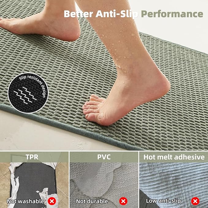 Bathroom Runner Rugs, Long Bath Mat Runner Washable Thin Quick Dry Low Pile Bathroom Runner Rugs Non Slip, Sage Green 24"x70"