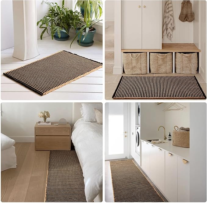 Waffle Bath Mat, Boho Bathroom Rugs Non Slip Washable Super Absorbent Quick Dry Bath Mat Farmhouse Bathroom Decor, 24"x16" Khaki and Black