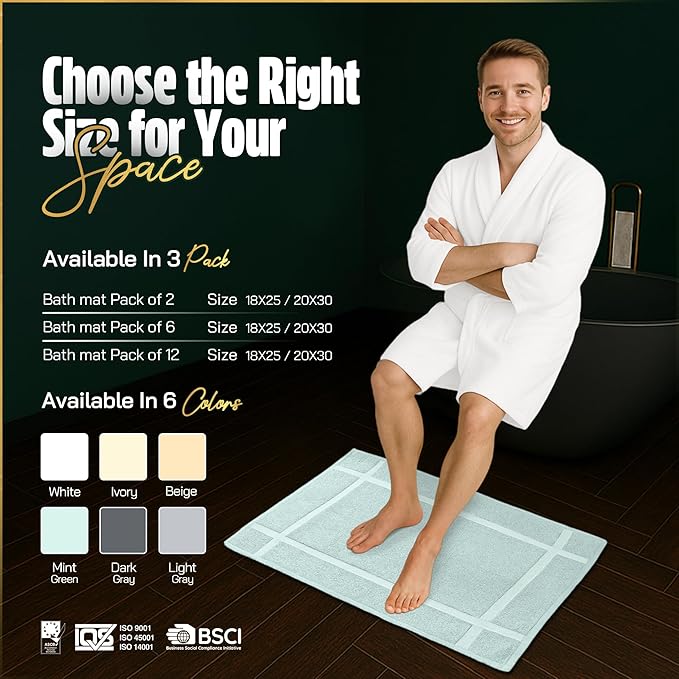 Pearl Linens Pack of 6 100% Cotton Bath Mat 20x30 inches, Soft & Absorbent Quick Dry Bathroom Mat Set, Not Bathroom Rugs, After Shower Mat, Bath Tub Mat, 687 GSM, Machine Washable, Mint Green