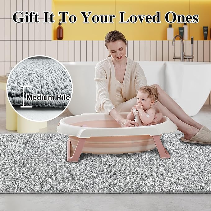 HDFK Bath Mat Runner Non Slip 60x24 Inches Bathroom Rugs 2 Tone Chenille Medium Pile with TPR Backing | Absorbent Solid Light Gray | Long Shower Transition Mats for Tub Side Wet Dry Zone Decor