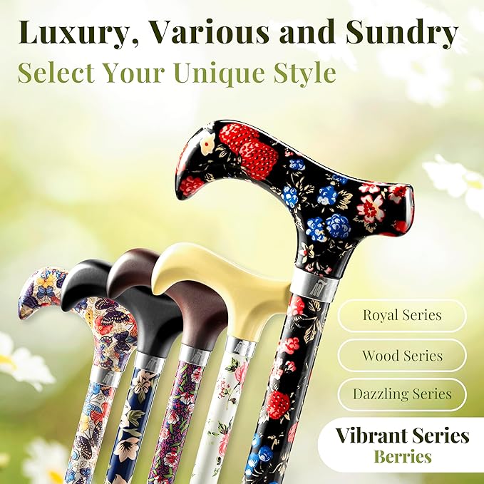 Merry Sticks Lightweight Foldable Walking Canes for Women and Men, Adjustable & Collapsible Walking Stick for Seniors, Balancing Mobility Aids, Ergonomic Handle & Wrist Strap - Berries