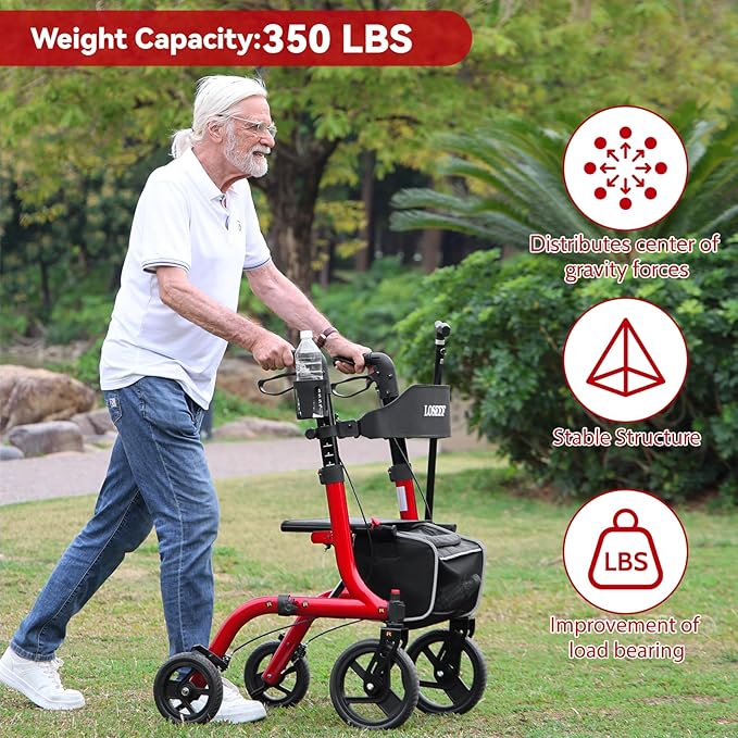 Foldable Rollator Walkers with Seat for Seniors, 10" Big Rubber Wheels All Terrain Rollator Walker with Adjustable Backrest and Handles, 350 Lb, Cup Holder, Lightweight 4 Wheel Walker for Seniors Red
