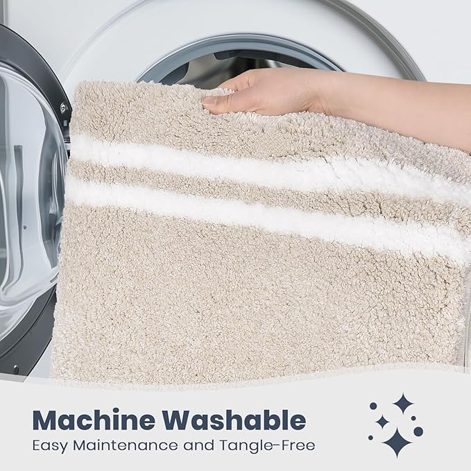 PURRUGS Bathroom Rug Non-Slip Machine Washable 24" x 36", Super Absorbent and Quick Dry Shaggy Microfiber Bath Mat, Extra Soft and Plush Bath Rug for Bathtub, Shower and Sink, Beige