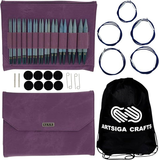 Lykke Indigo 5 in. Complete Set US Sizes 4, 5, 6, 7, 8, 9, 10, 10.5, 11, 13, 15, 17 Interchangeable Circ. Knitting Needles for DK, Worsted, Chunky Yarns, Birch, 5 Cords, Violet DM Case, Project Bag