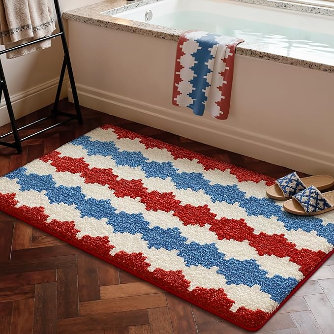 LUMI Bathroom Rugs with Wave, Soft Absorbent Bath Mat for Modern Home Decor, Non-Slip Quick-Dry Bath Rug, Machine Washable Floor Mat for Shower and Tub, Entryway, 16"x24", Azure Wave