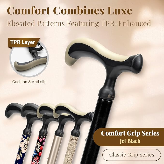 Merry Sticks Lightweight Foldable Walking Canes for Women and Men, Adjustable & Collapsible Walking Stick for Seniors, Non-Slip Ergonomic Handle with 1 Extra Replacement Cane Tip – Jet Black