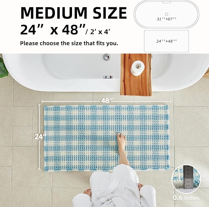 Waffle Bath Mat, Boho Bathroom Rugs Non Slip Washable Absorbent Checkered Bathroom Mat Quick Dry Cute Bath Mat, 48"x24" Blue and White