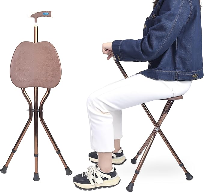UNLICON-Brown Folding Cane Stool with Seat – Lightweight Adjustable Walking Cane for Seniors, Ergonomic Design, 330 lbs Capacity, Portable and Convenient Cane Chair with Anti-Slip Feet