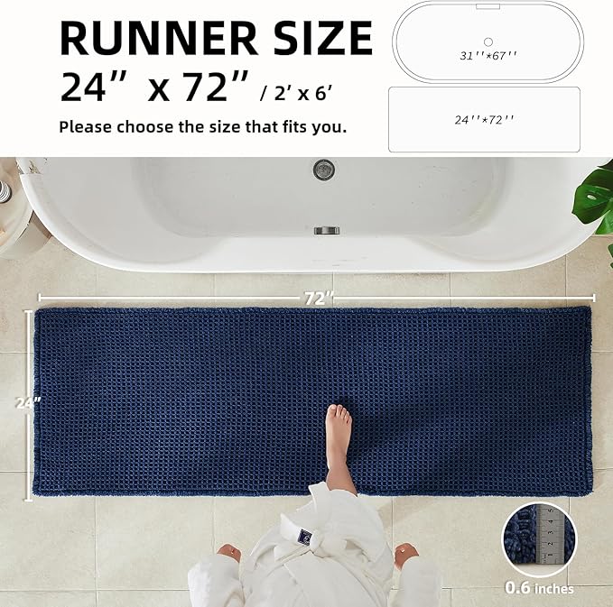 Waffle Runner Rug Bathroom, Long Boho Bathroom Rugs Non Slip Washable Super Absorbent Quick Dry Farmhouse Bath Decor, 72"x24" Navy Blue
