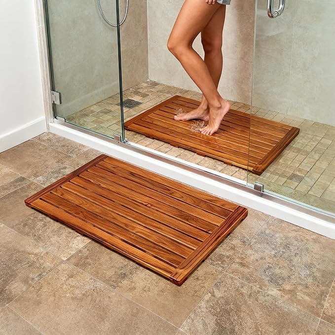 Utoplike Teak Bath Mat, Large Wood Shower Mats for Bathroom, 31.9"x17.9" Sturdy Floor Mat for Indoor Spa or Outdoor