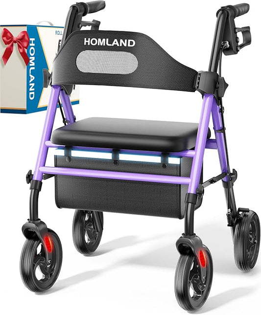 HOMLAND Foldable Rollator Walkers with Seat for Seniors, 8'' Big Wheels, 350 lb. Weight Capacity, Adjustable Handles and Seat Height, Lightweight Rolling Walker, Purple