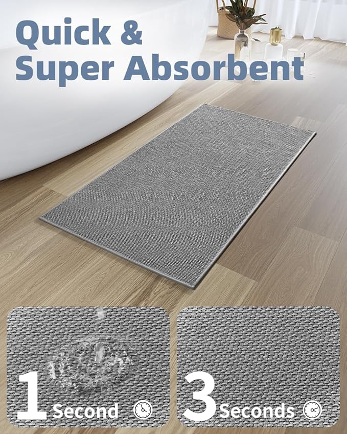 PADOOR Non-Slip Bath-Mats, Rubber-Backing Braided Absorbent Bath Mat Machine Washable Thin Bath Rugs Fit Under Door Quick Dry, 24x47 Grey