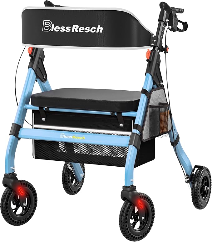 Foldable Rollator Walkers with Seat for Seniors, 450 lb Capacity, 8'' Wheels, 18" Big Seat, 6-Position Adjustable Height, Heavy-Duty Aluminum Rolling Walker (Blue)